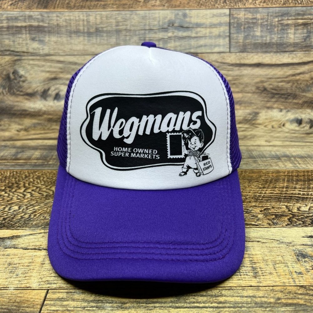 Wegmans Mens Trucker Hat Purple Snapback Grocery Store Retro Logo Baseball Cap - Picture 2 of 8
